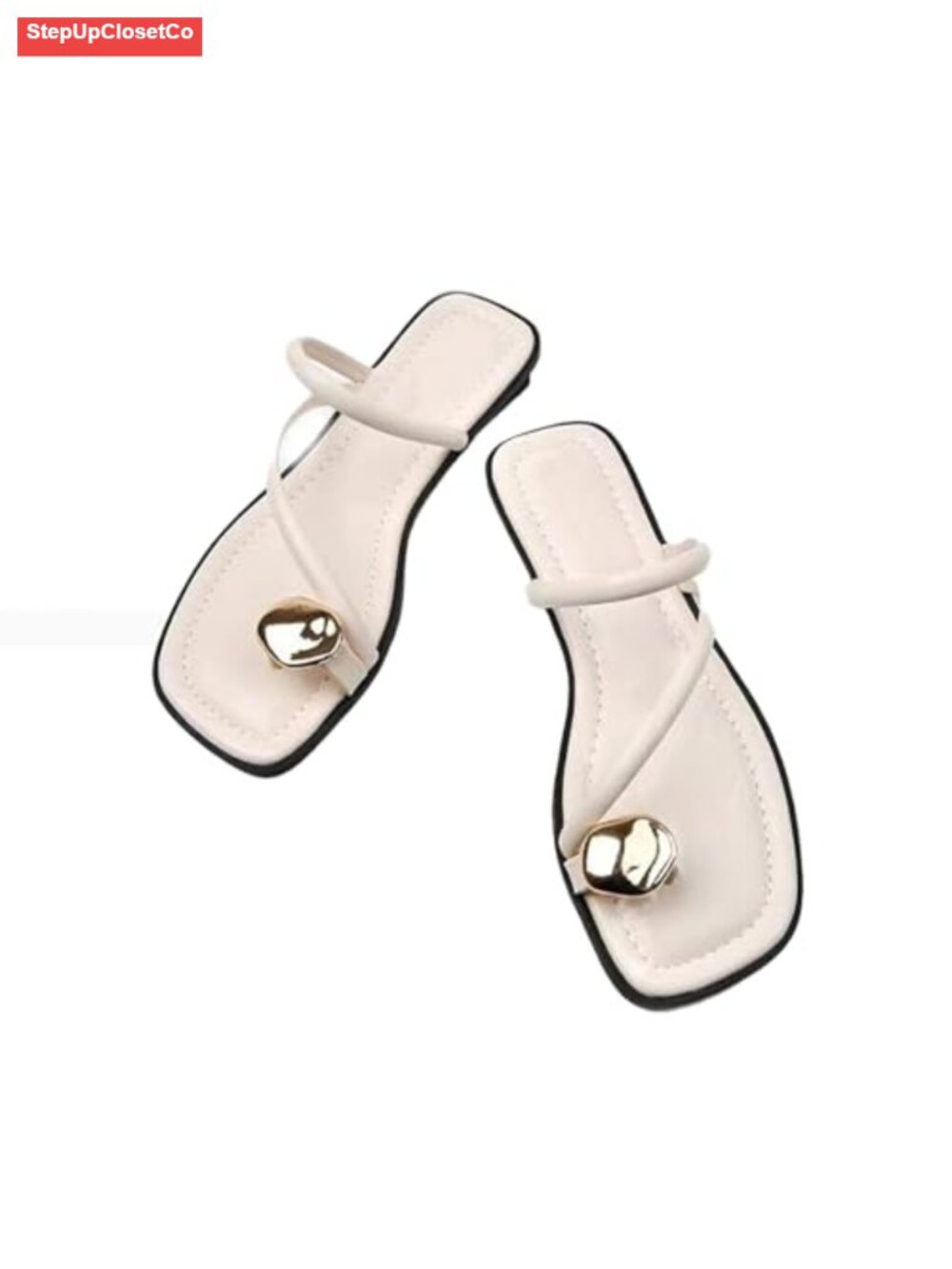 Women's Leather Strappy Flat Metal Toe Ring Sandals Square Open Toe Low Block